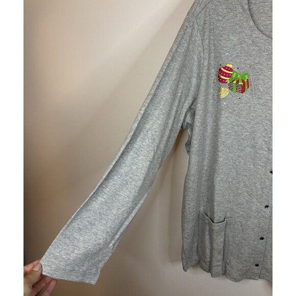 QUAKER FACTORY Embellished Christmas Gray Snap Front Sweatshirt 2X Holiday Tree - Picture 5 of 16